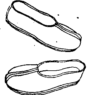 (名)指鞋帮分两部分,接缝在正中,并可把脚背遮住的旧式布鞋.